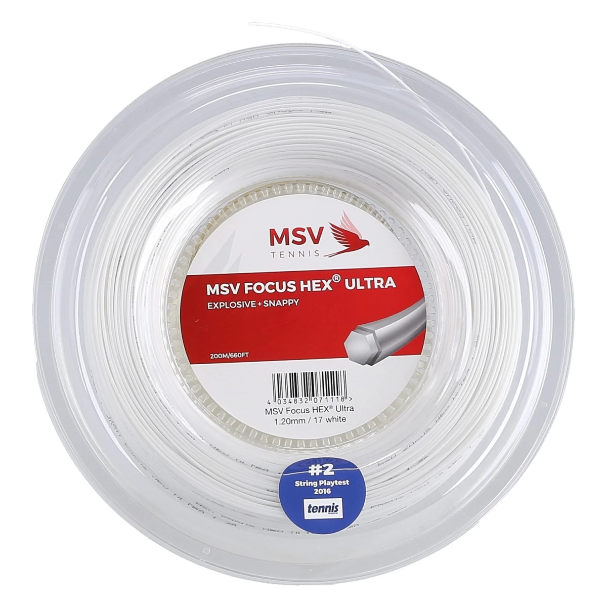 MSV Tennissaite Focus Hex Ultra (Spin+Spannungskonstanz) Weiss 200m Rolle 3 MSV Tennissaite Focus Hex Ultra (Spin+Spannungskonstanz) Weiss 200m Rolle